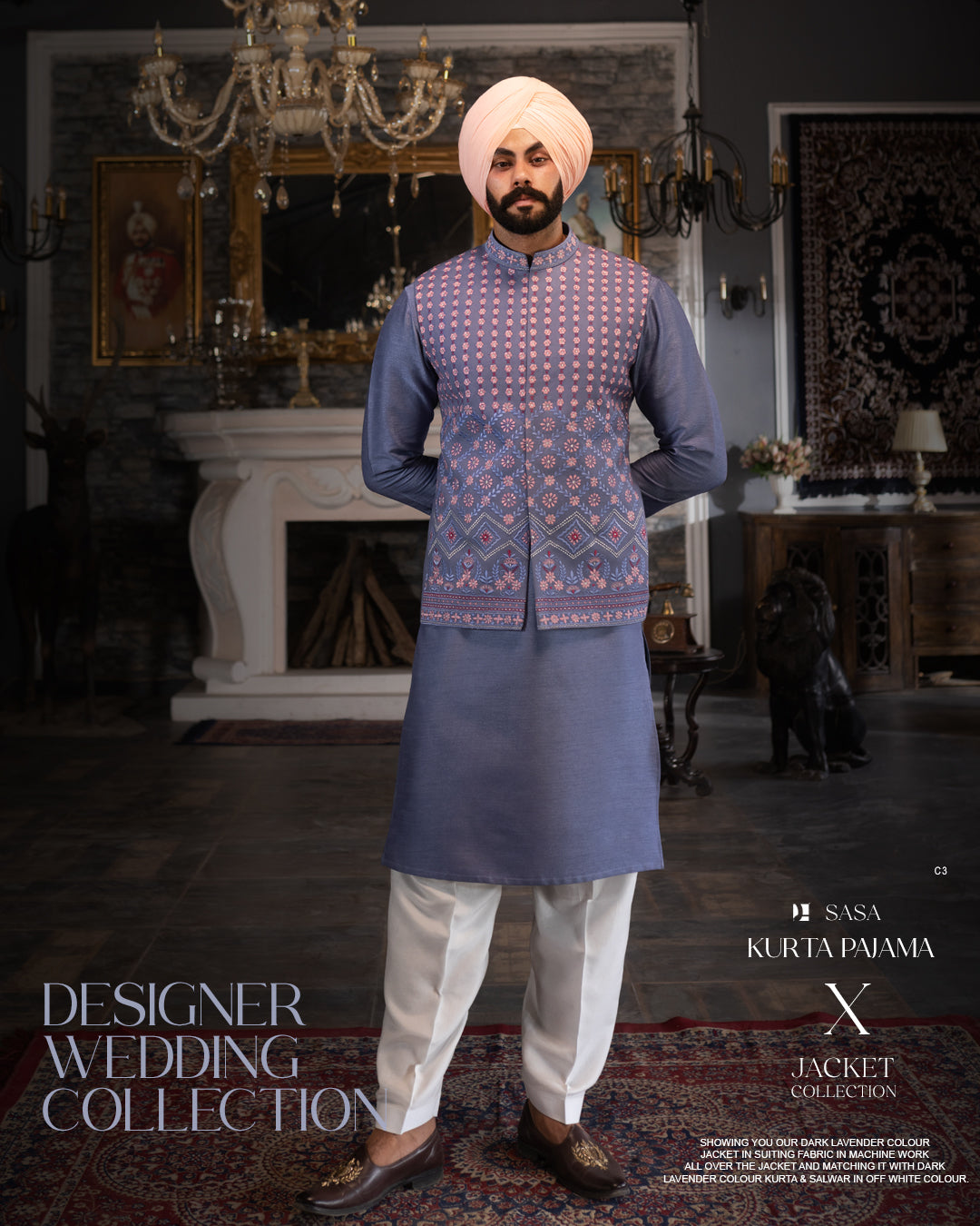 Blue Violet Patterned Jacket with Steel Blue Kurta Salwar