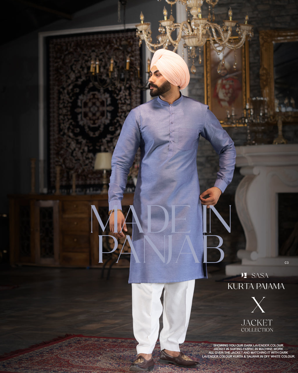 Blue Violet Patterned Jacket with Steel Blue Kurta Salwar