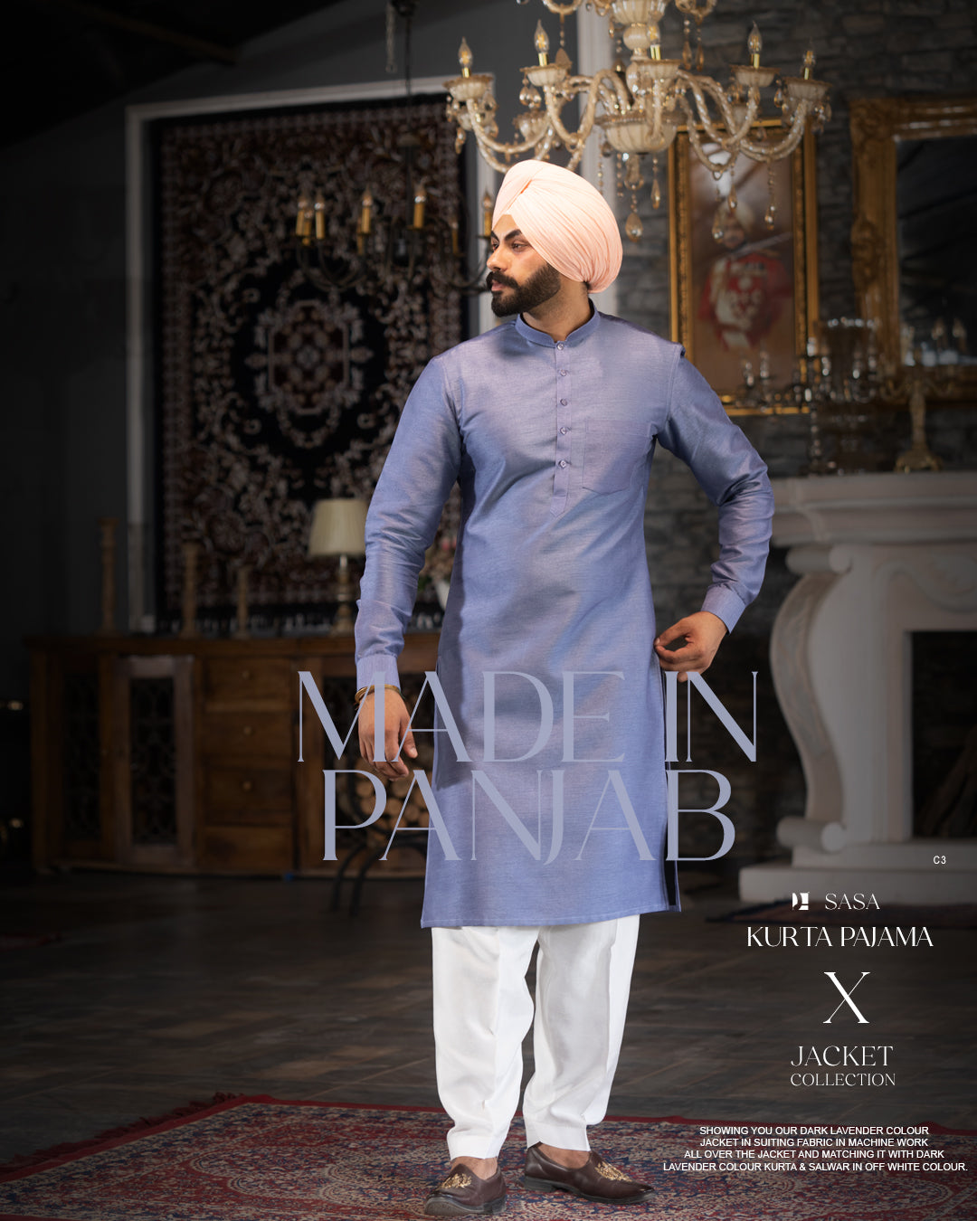 Blue Violet Patterned Jacket with Steel Blue Kurta Salwar
