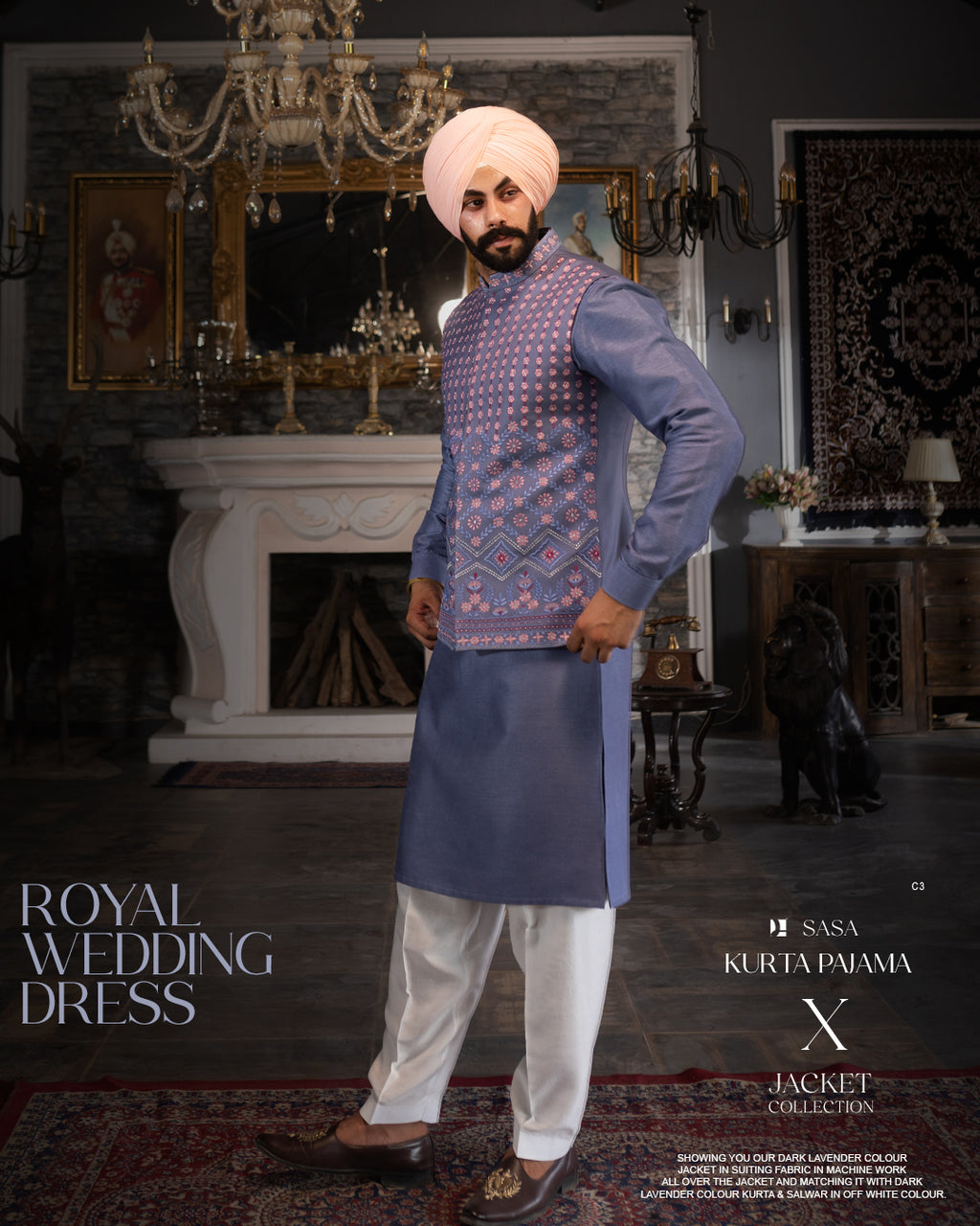 Blue Violet Patterned Jacket with Steel Blue Kurta Salwar