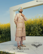Blush Pink Hand-Embroidered Sherwani with Angrakha, Pajami & Palla