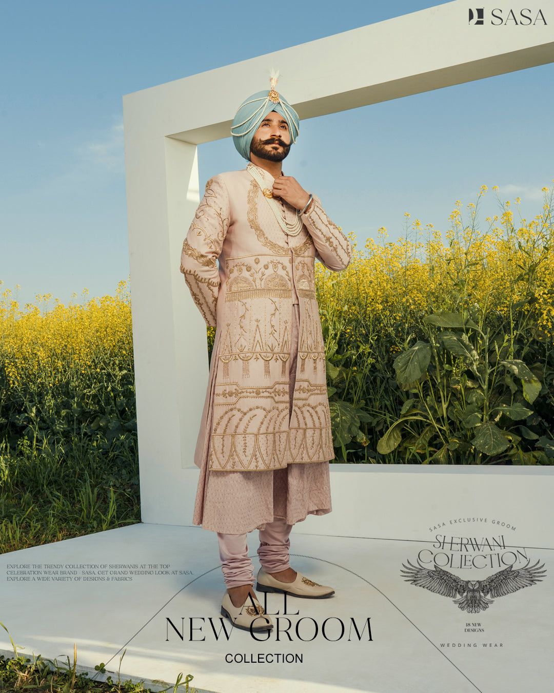 Blush Pink Hand-Embroidered Sherwani with Angrakha, Pajami & Palla