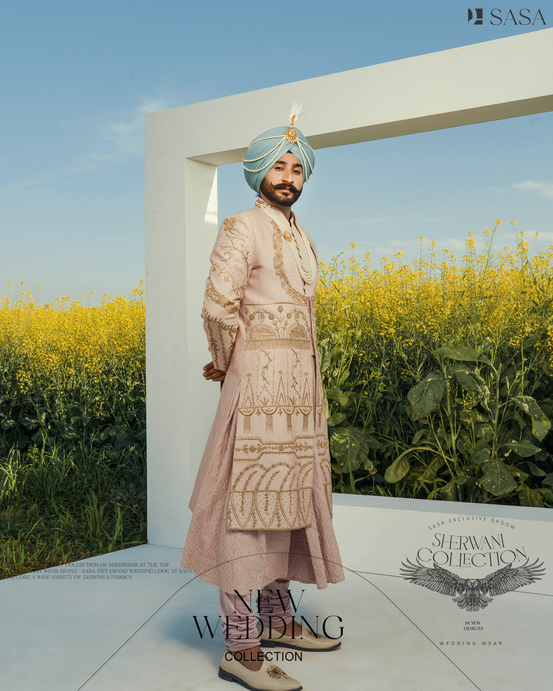 Blush Pink Hand-Embroidered Sherwani with Angrakha, Pajami & Palla