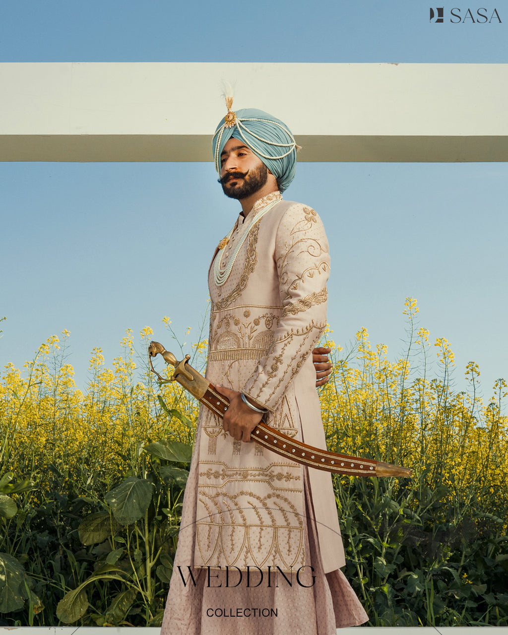 Blush Pink Hand-Embroidered Sherwani with Angrakha, Pajami & Palla
