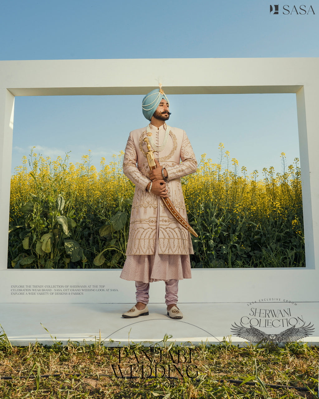 Blush Pink Hand-Embroidered Sherwani with Angrakha, Pajami & Palla