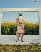 Blush Pink Hand-Embroidered Sherwani with Angrakha, Pajami & Palla