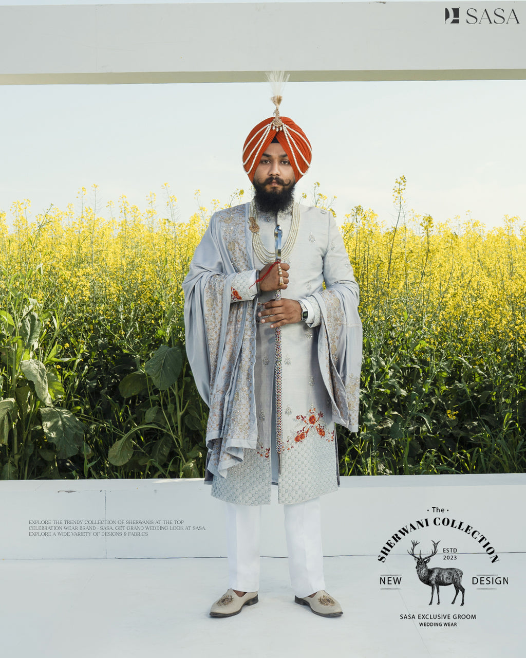 Bright Grey Sherwani Set with Hand Embroidery and Matching Palla