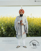 Bright Grey Sherwani Set with Hand Embroidery and Matching Palla