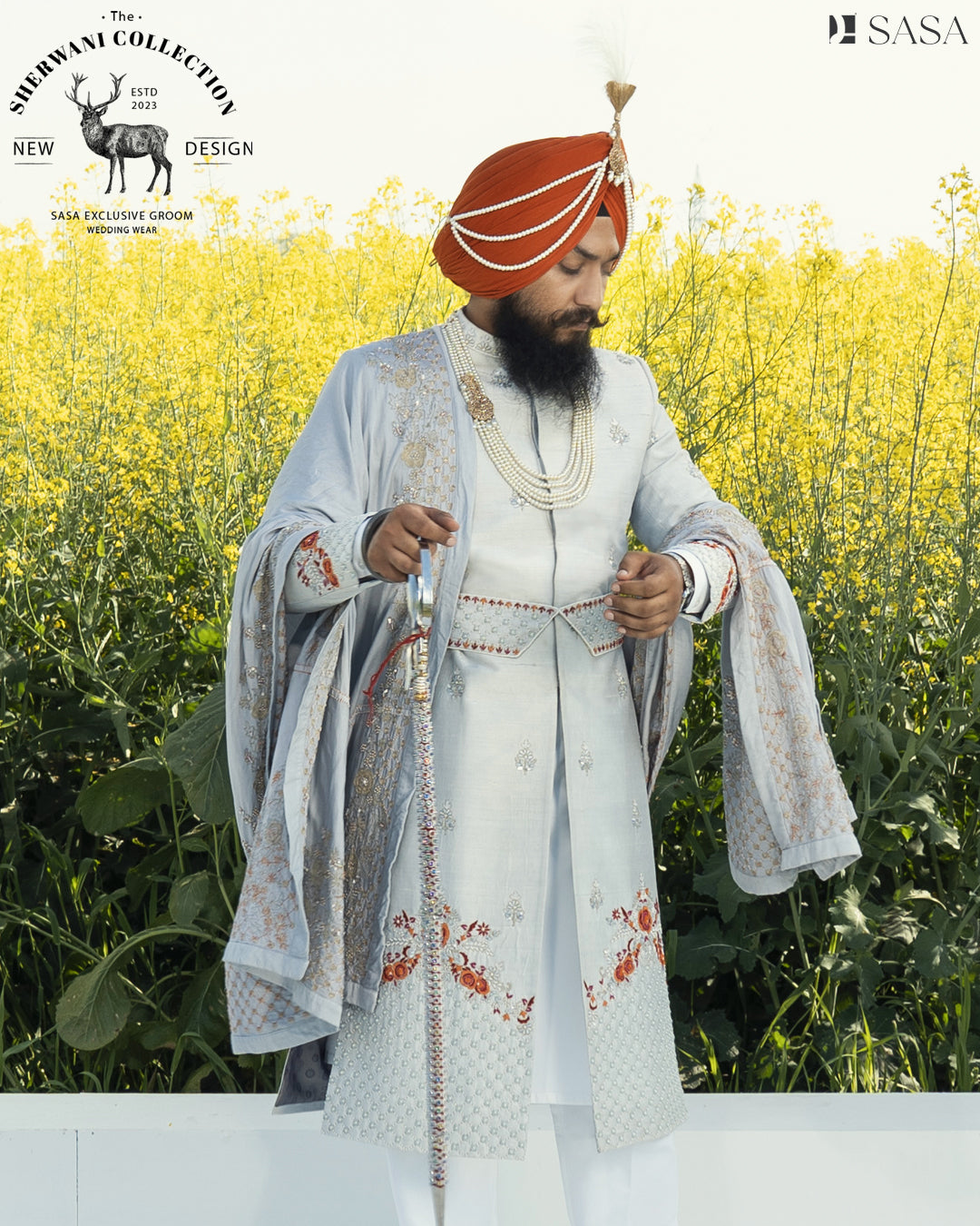 Bright Grey Sherwani Set with Hand Embroidery and Matching Palla