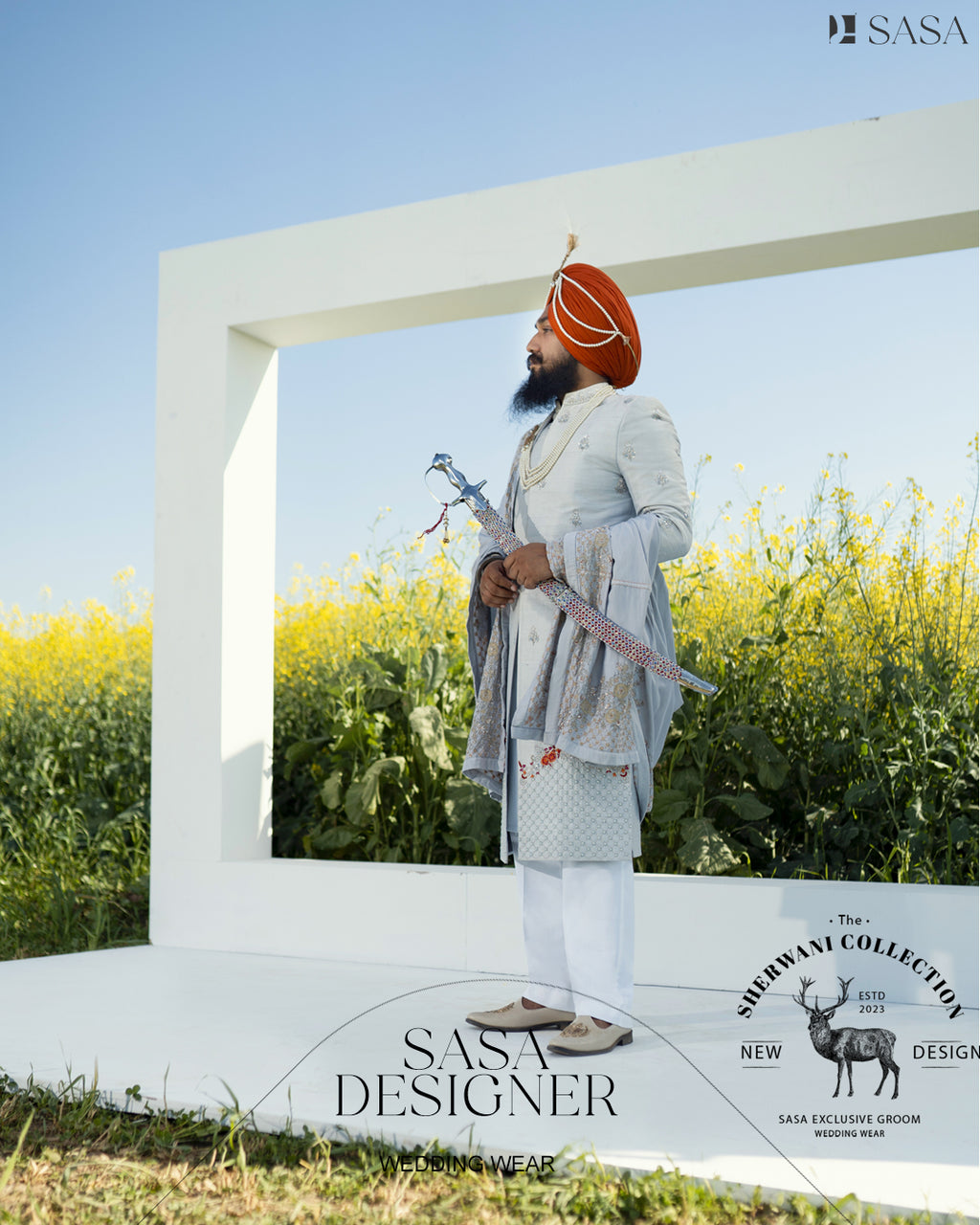 Bright Grey Sherwani Set with Hand Embroidery and Matching Palla