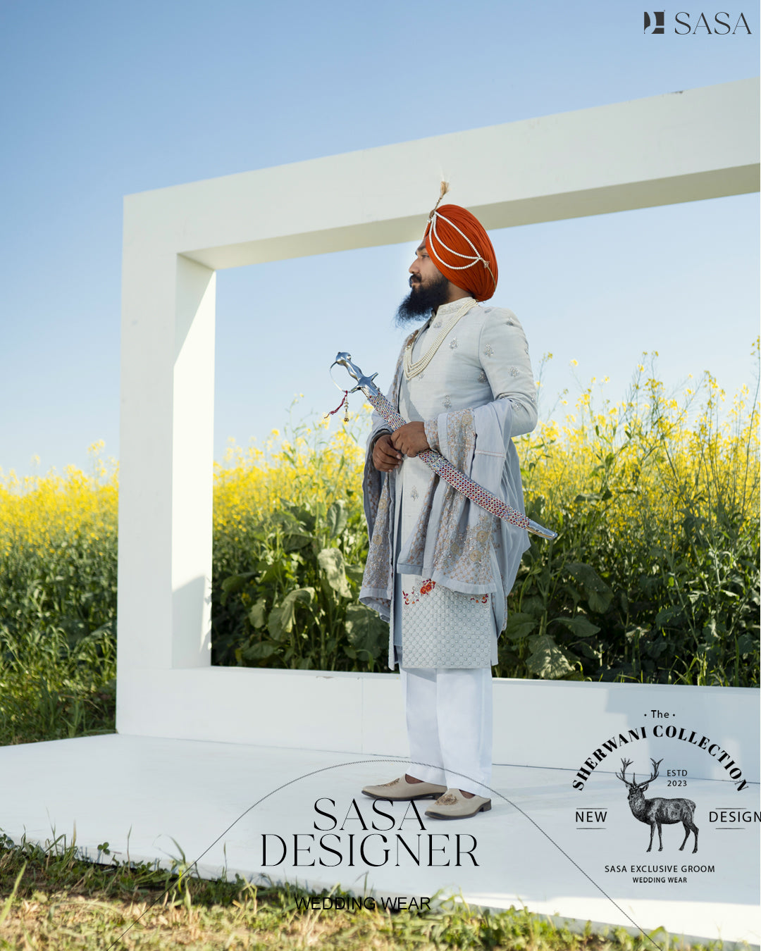 Bright Grey Sherwani Set with Hand Embroidery and Matching Palla
