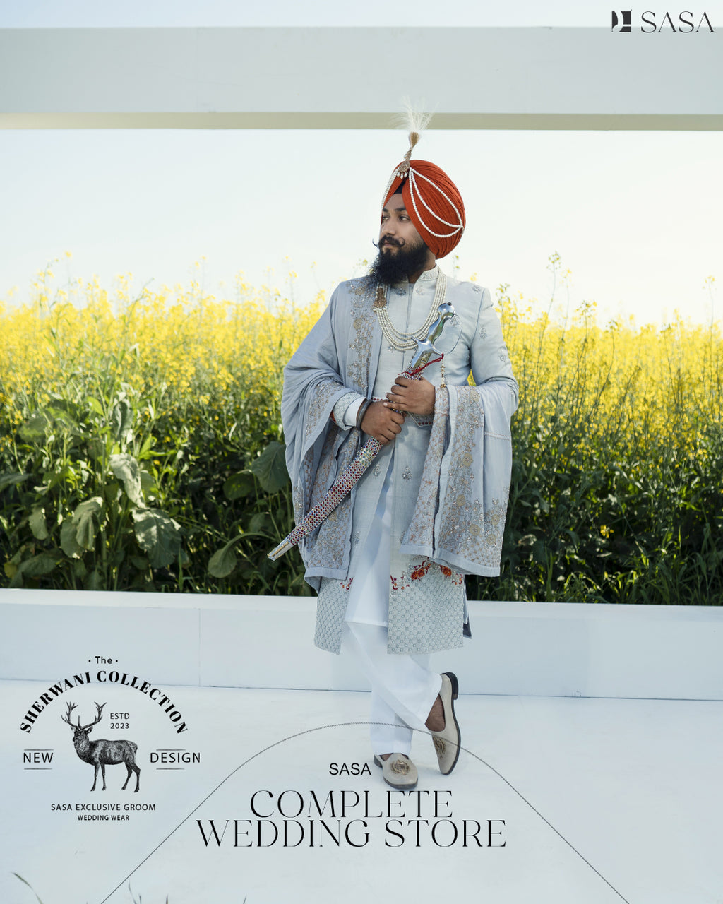 Bright Grey Sherwani Set with Hand Embroidery and Matching Palla