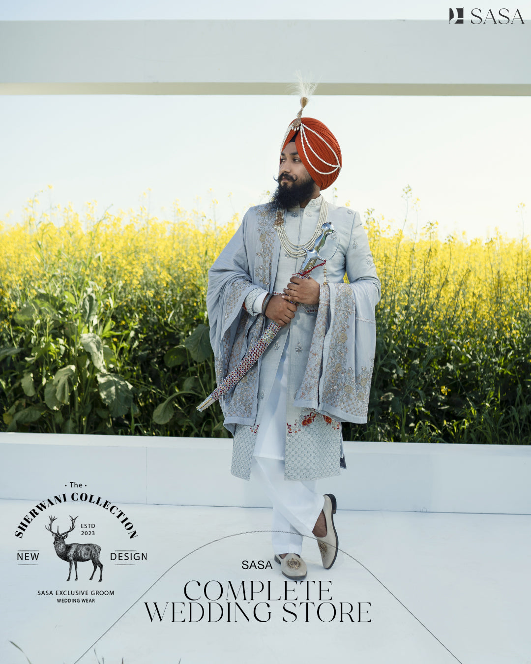 Bright Grey Sherwani Set with Hand Embroidery and Matching Palla