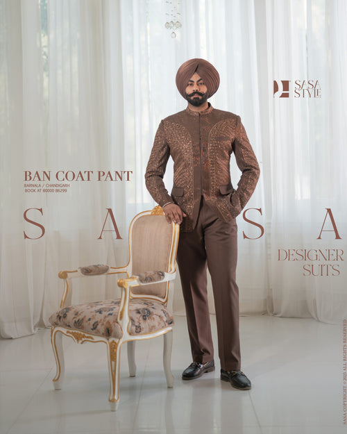 Brown 2 Piece Band Gala Coat Pant