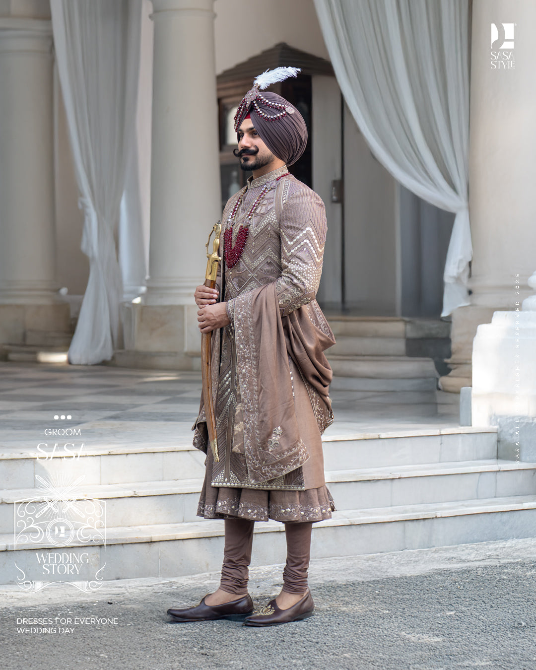Brown Chanderi Sherwani with Leather Beads