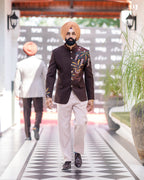 Brown Embroidered 2 Piece Band Gala Coat Pant