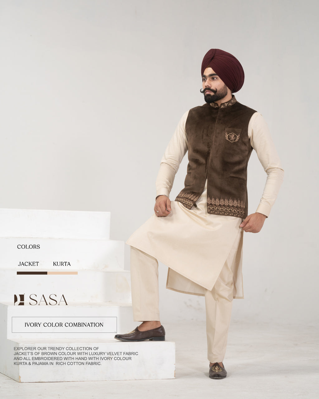 Brown Velvet Embroidered Jacket with Ivory Kurta Pajama