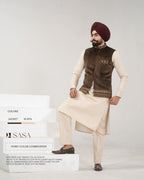 Brown Velvet Embroidered Jacket with Ivory Kurta Pajama