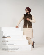 Brown Velvet Embroidered Jacket with Ivory Kurta Pajama
