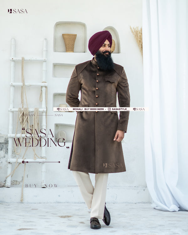 Regal Elegance: Brown Velvet Quilted Achkan with Pant
