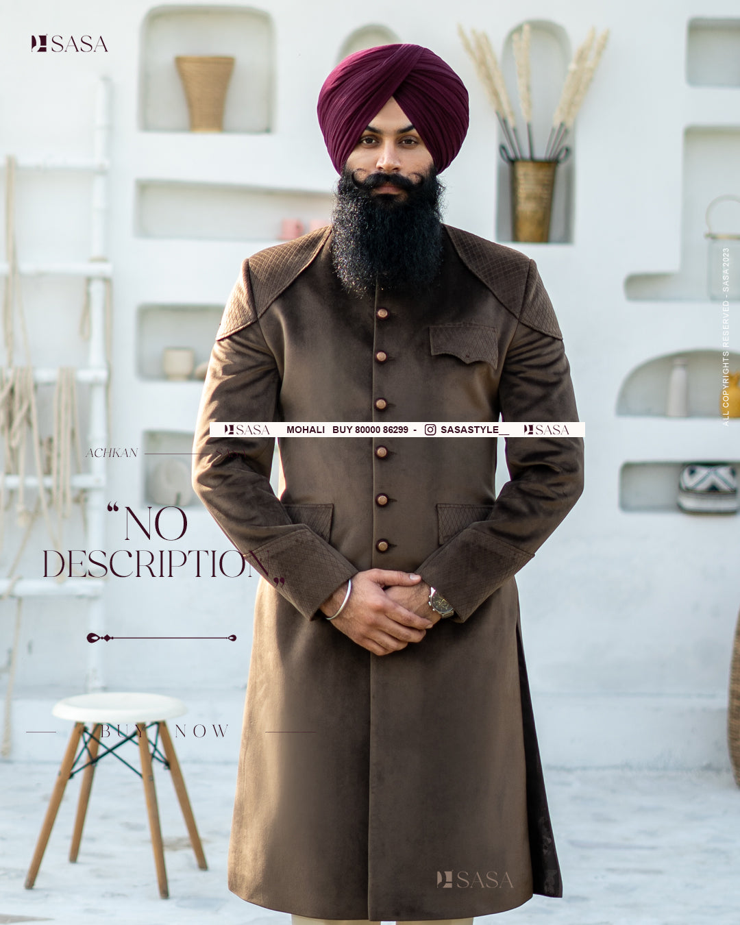 Regal Elegance: Brown Velvet Quilted Achkan with Pant
