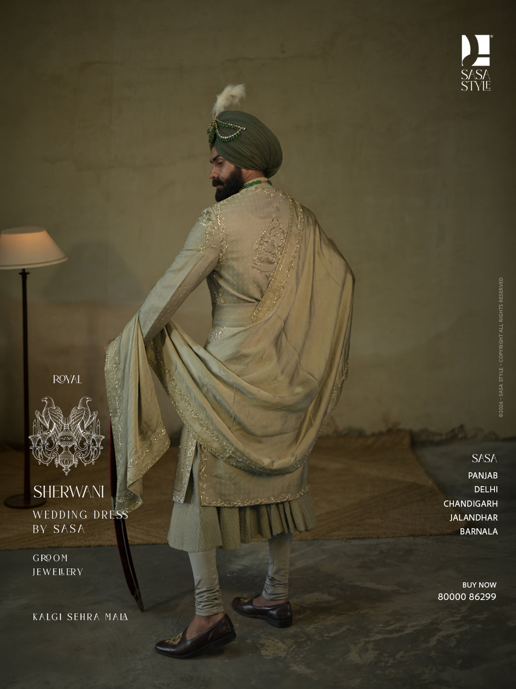 Sage Green Silk Sherwani with Antique Gold Embroidery