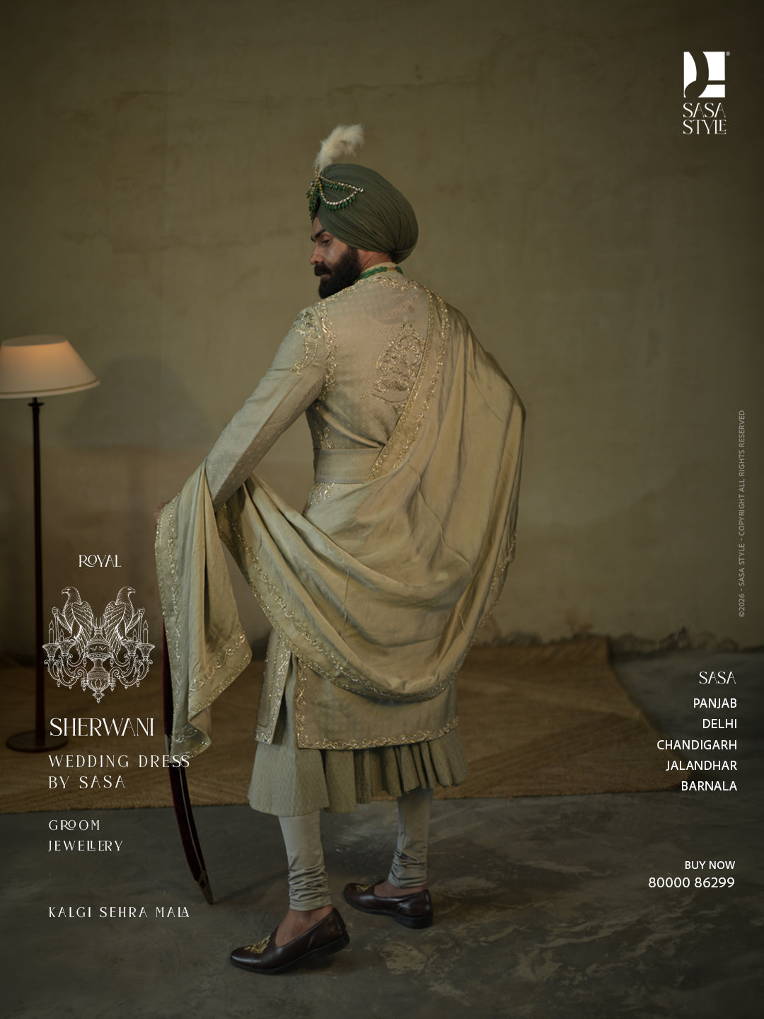 Sage Green Silk Sherwani with Antique Gold Embroidery