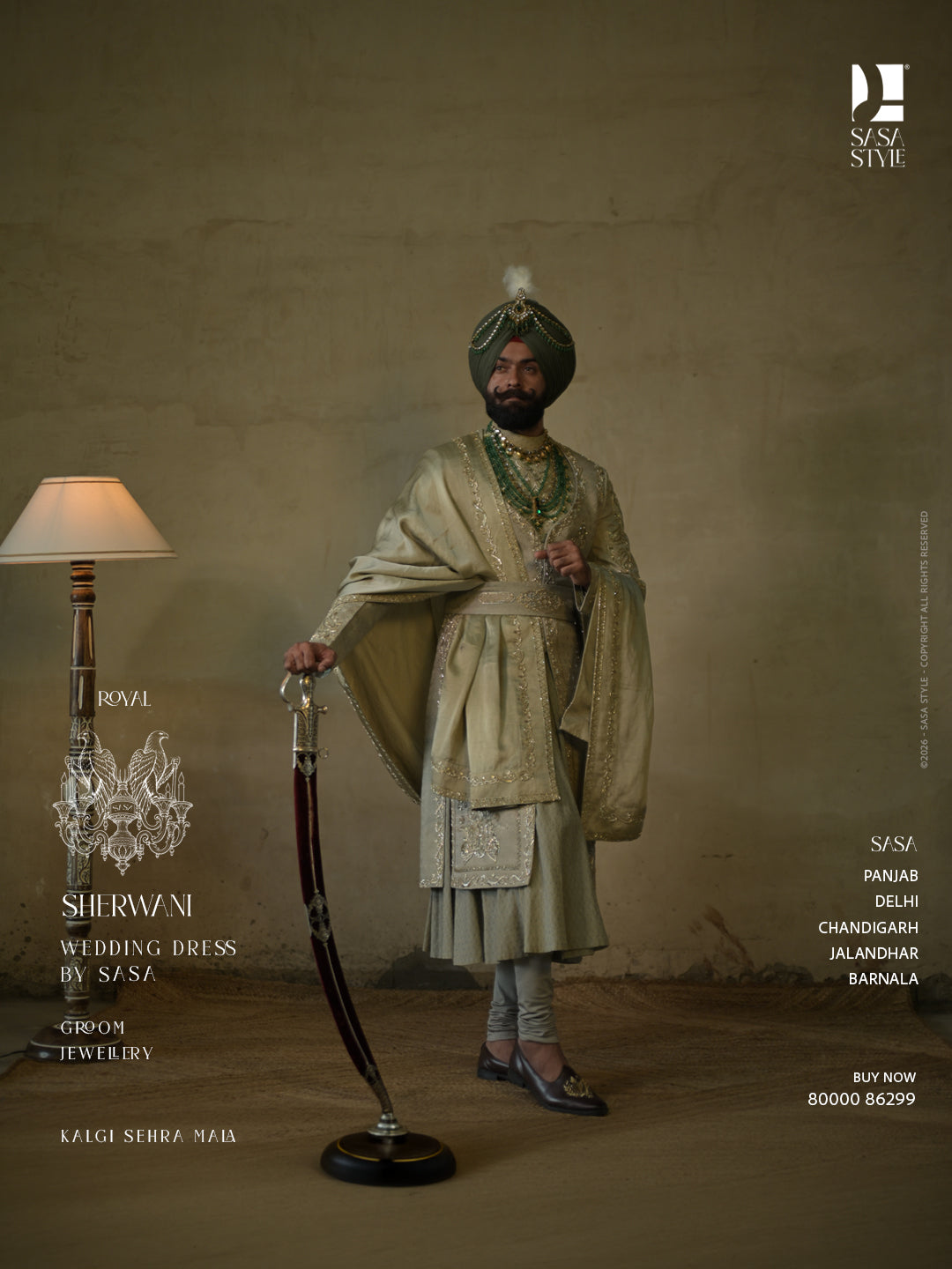Sage Green Silk Sherwani with Antique Gold Embroidery