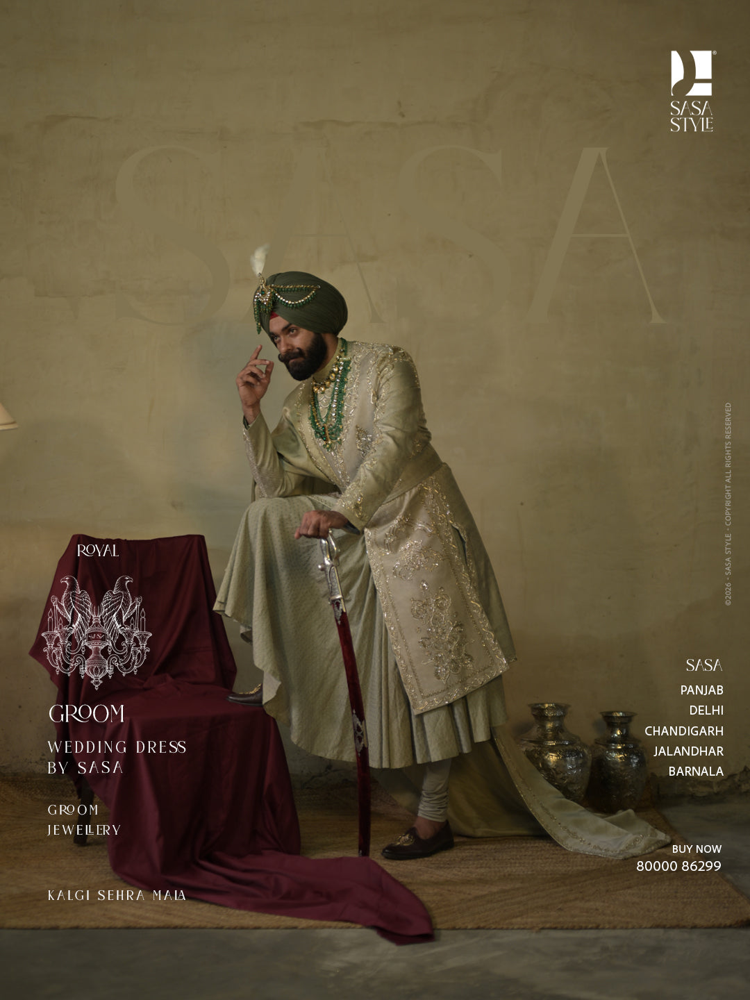 Sage Green Silk Sherwani with Antique Gold Embroidery