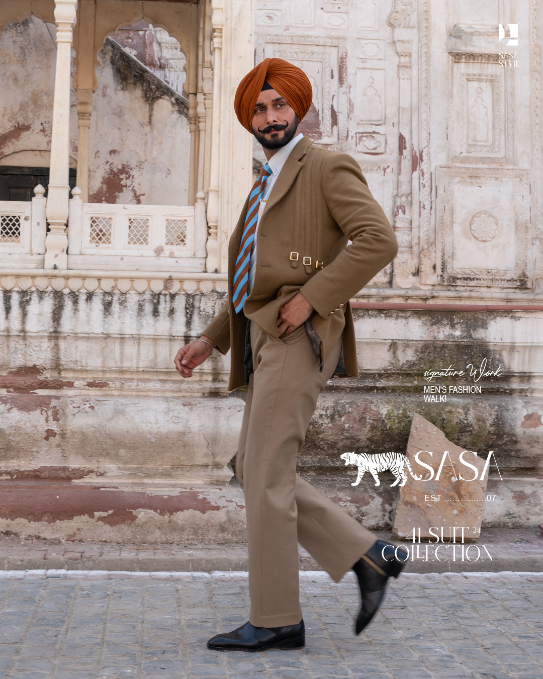 Camel Brown Blazer Paired Elegantly with Fawn Beige Tailored Pant
