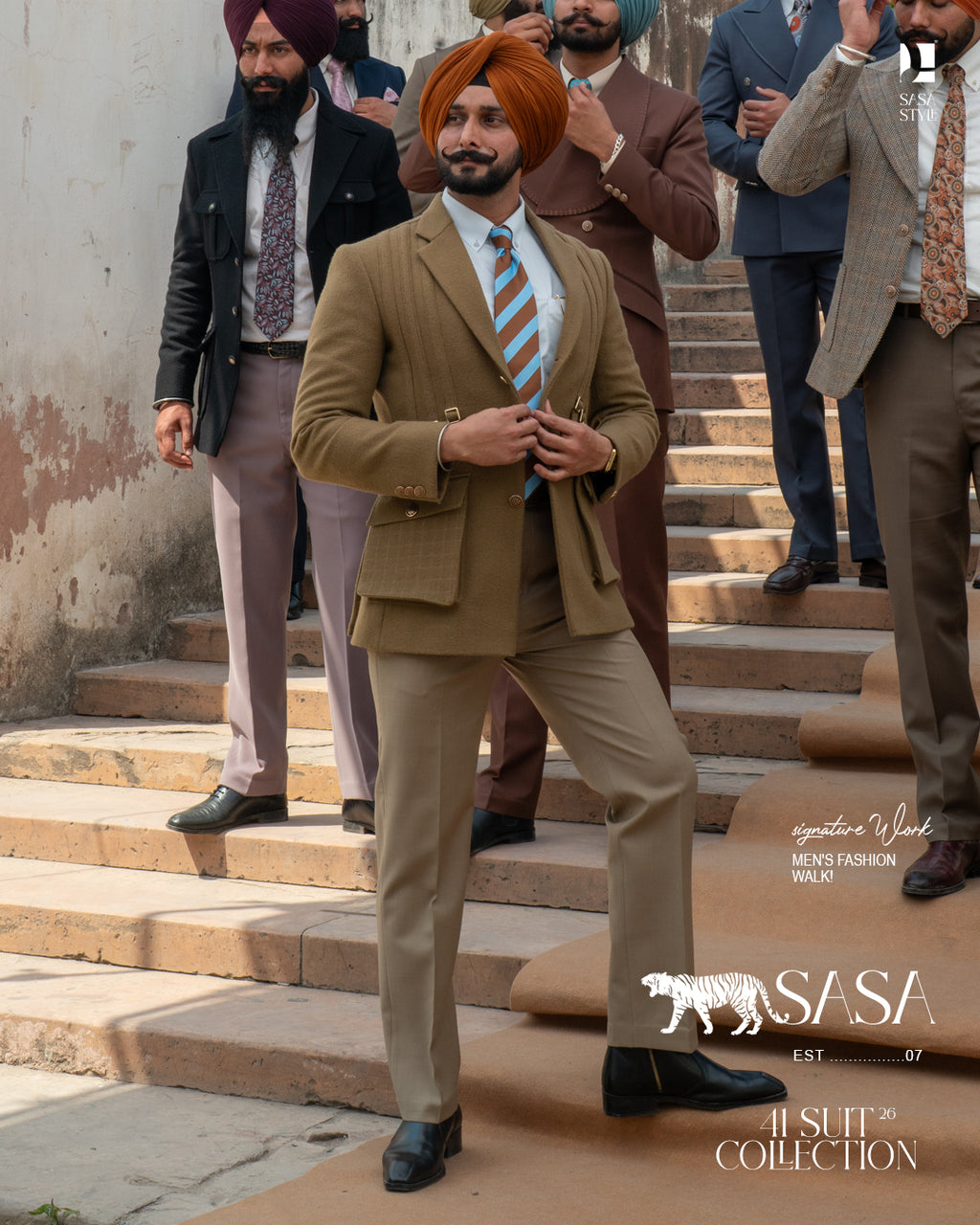 Camel Brown Blazer Paired Elegantly with Fawn Beige Tailored Pant