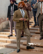 Camel Brown Blazer Paired Elegantly with Fawn Beige Tailored Pant