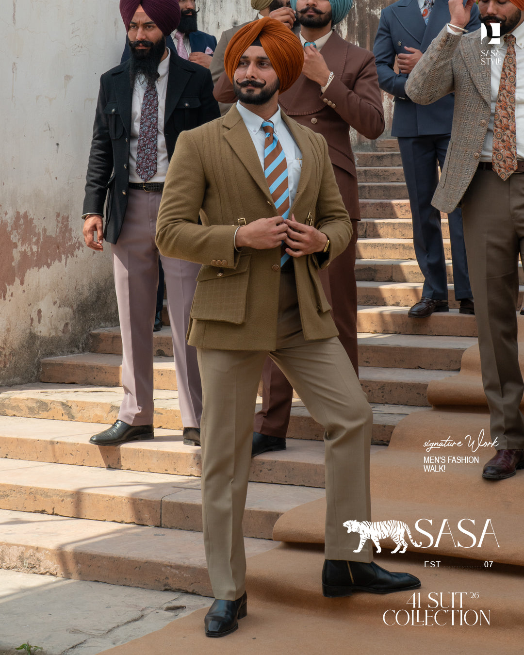 Camel Brown Blazer Paired Elegantly with Fawn Beige Tailored Pant