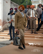 Camel Brown Blazer Paired Elegantly with Fawn Beige Tailored Pant