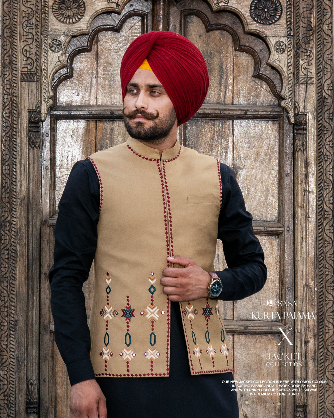 Camel Phulkari Embroidered Jacket with Classic Black Kurta Pajama