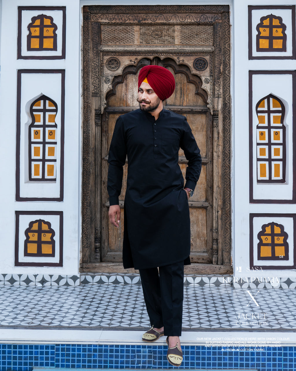 Camel Phulkari Embroidered Jacket with Classic Black Kurta Pajama