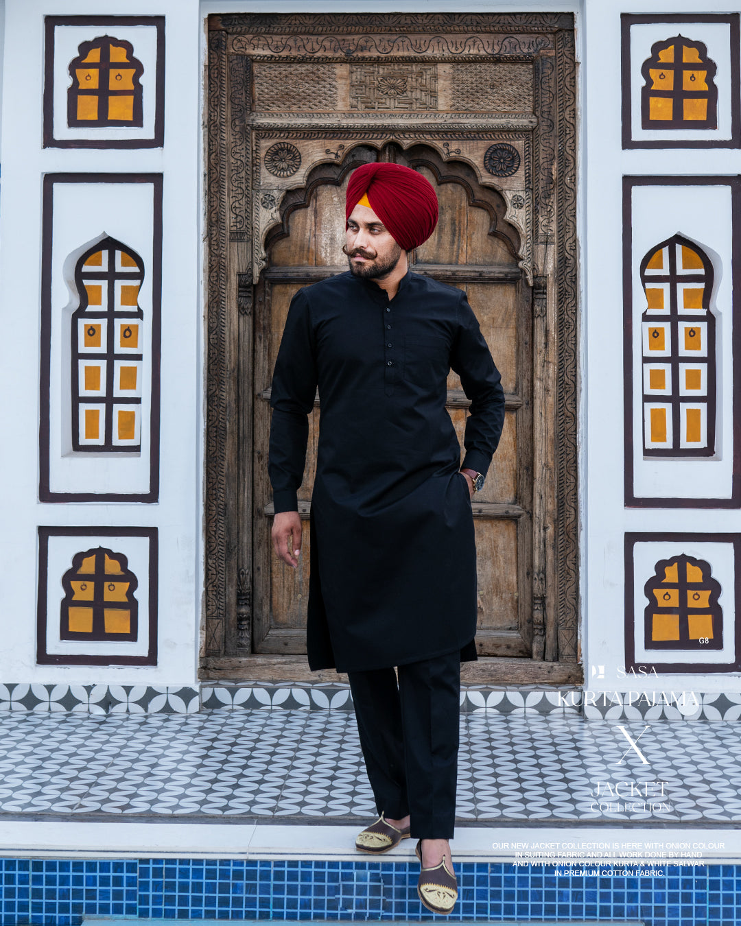 Camel Phulkari Embroidered Jacket with Classic Black Kurta Pajama