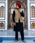 Camel Phulkari Embroidered Jacket with Classic Black Kurta Pajama