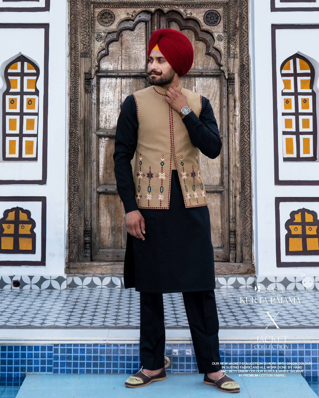 Camel Phulkari Embroidered Jacket with Classic Black Kurta Pajama