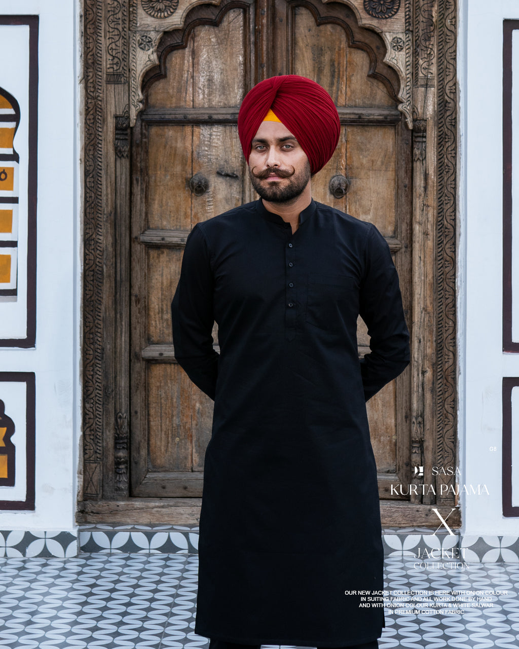 Camel Phulkari Embroidered Jacket with Classic Black Kurta Pajama