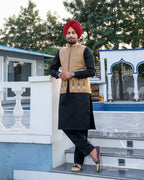 Camel Phulkari Embroidered Jacket with Classic Black Kurta Pajama