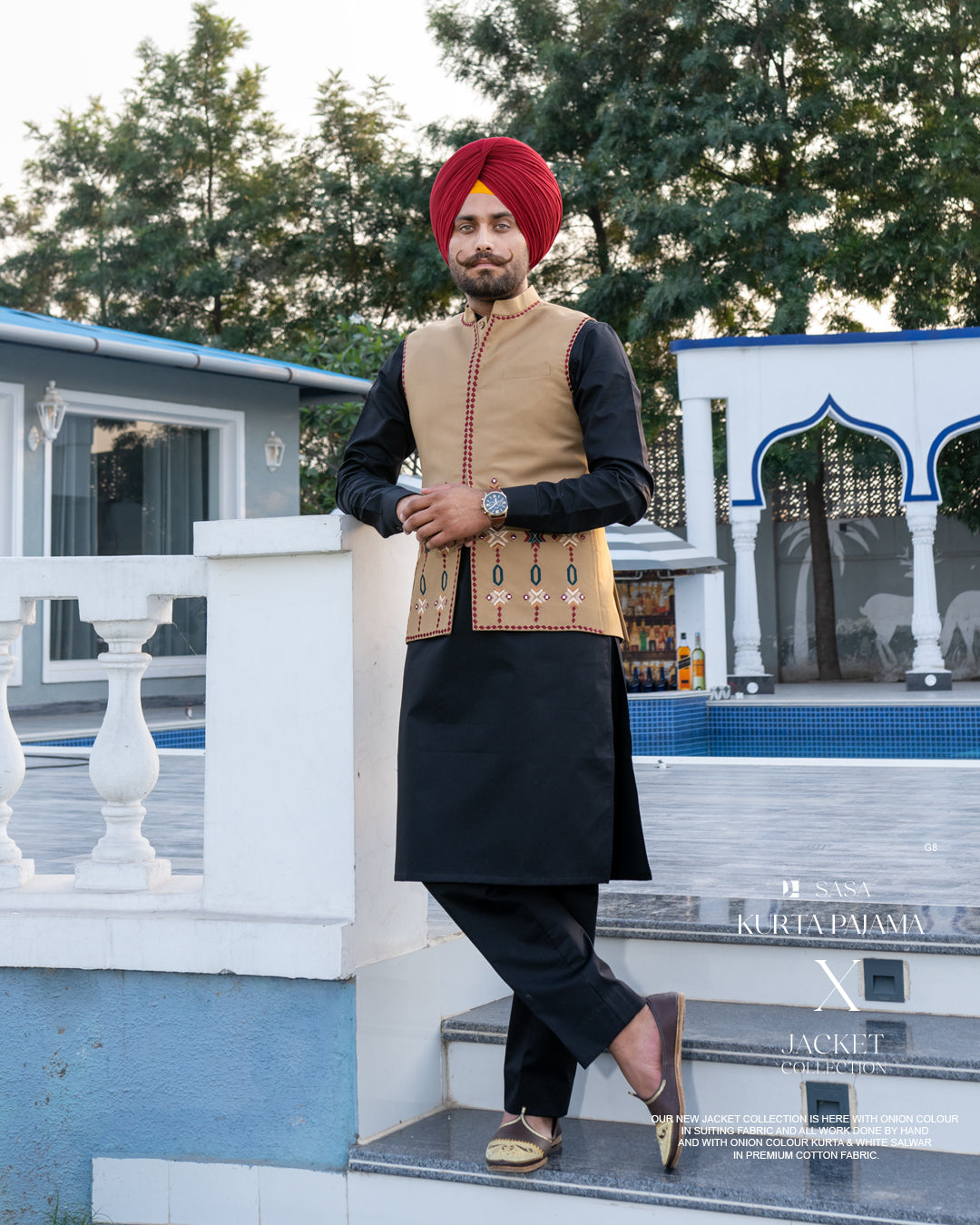 Camel Phulkari Embroidered Jacket with Classic Black Kurta Pajama