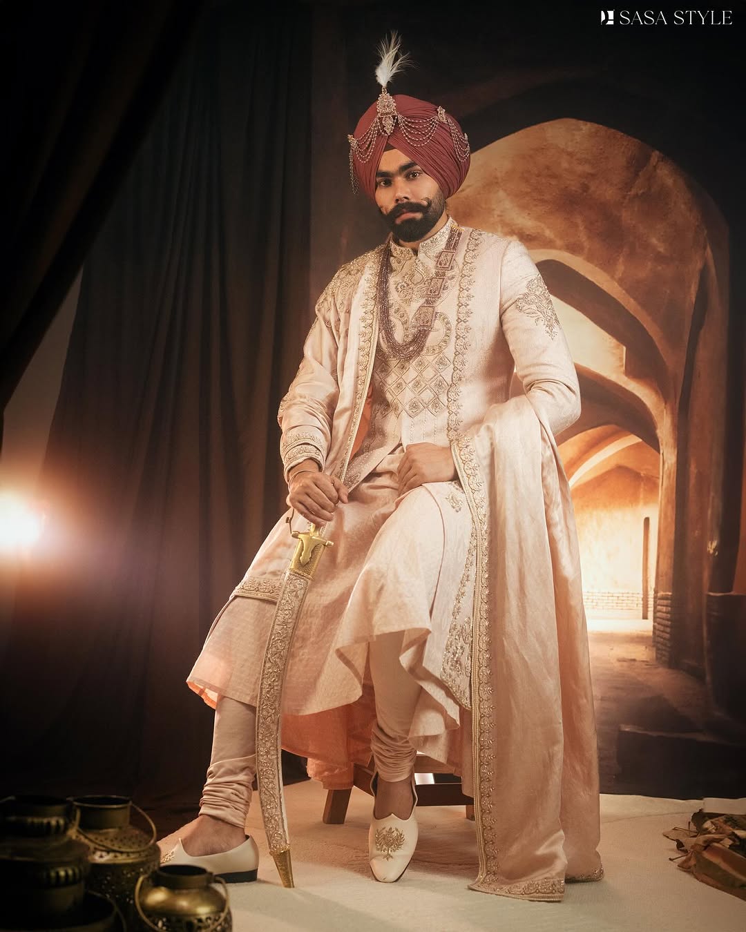 Champagne Pink Sherwani Angrakha with Pajami & Embroidered Palla