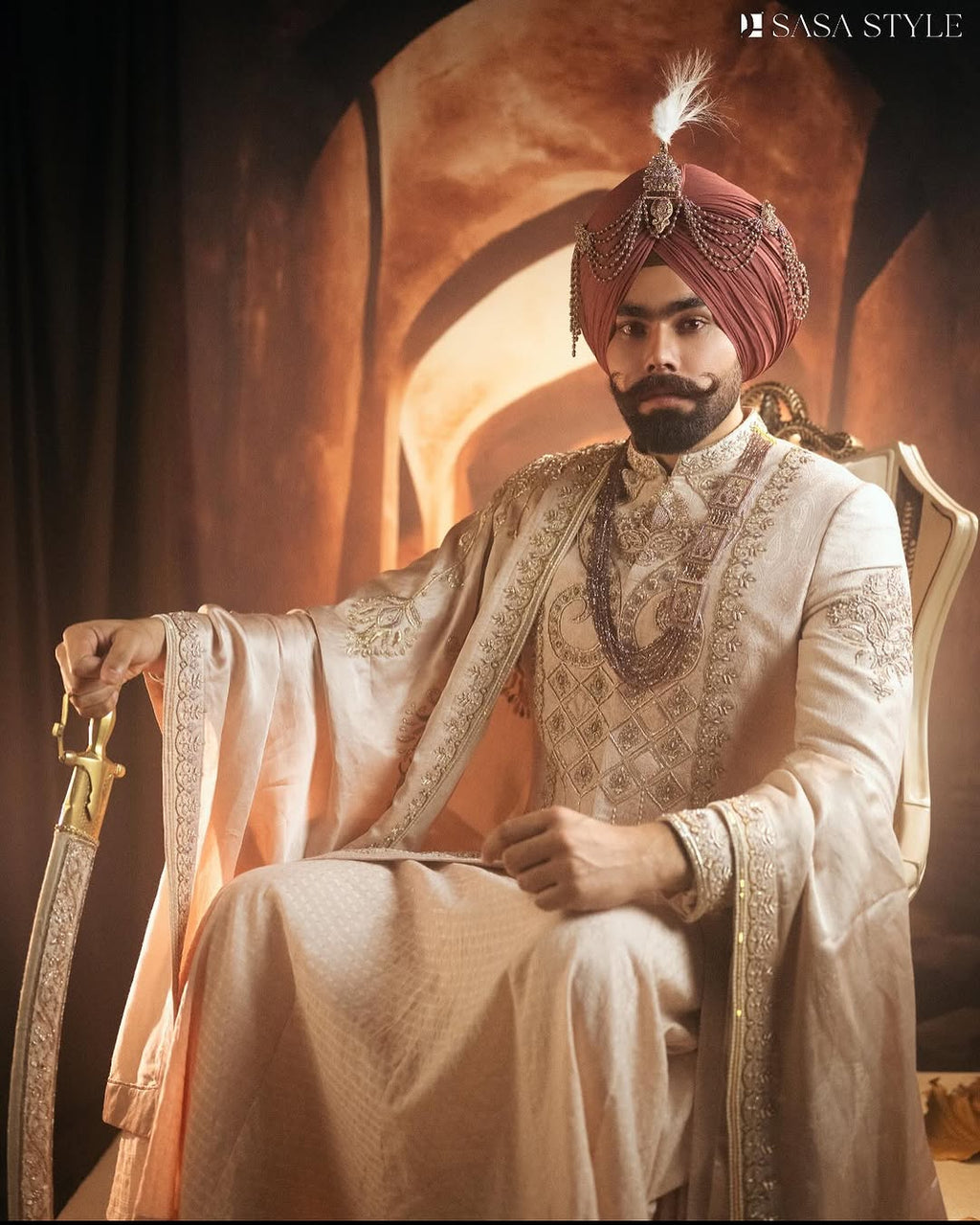 Champagne Pink Sherwani Angrakha with Pajami & Embroidered Palla