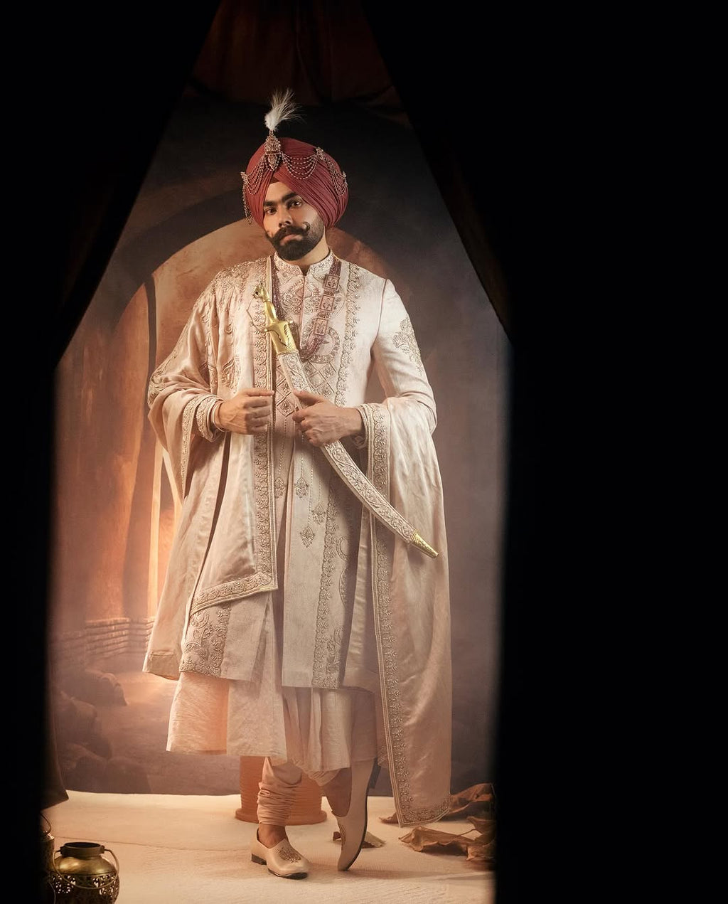 Champagne Pink Sherwani Angrakha with Pajami & Embroidered Palla