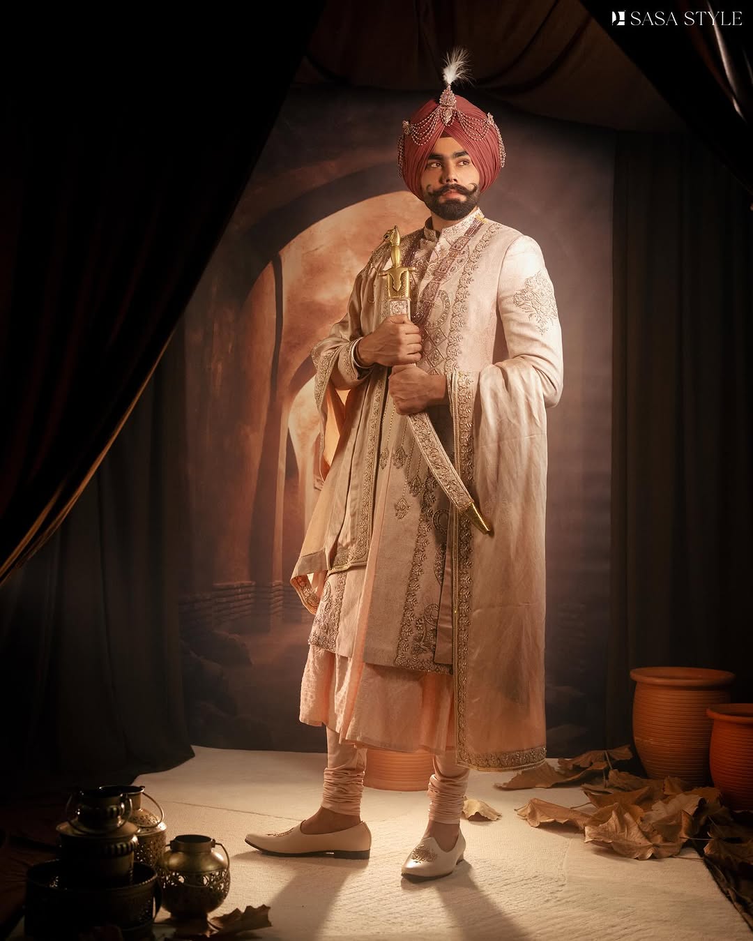 Champagne Pink Sherwani Angrakha with Pajami & Embroidered Palla