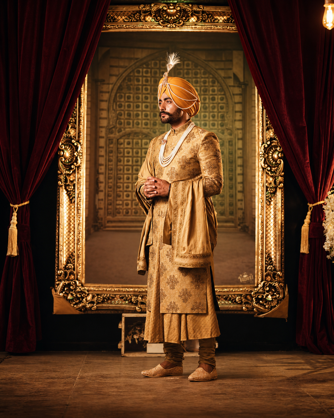 Royal Gold Sherwani Crafted for Timeless Groom Elegance
