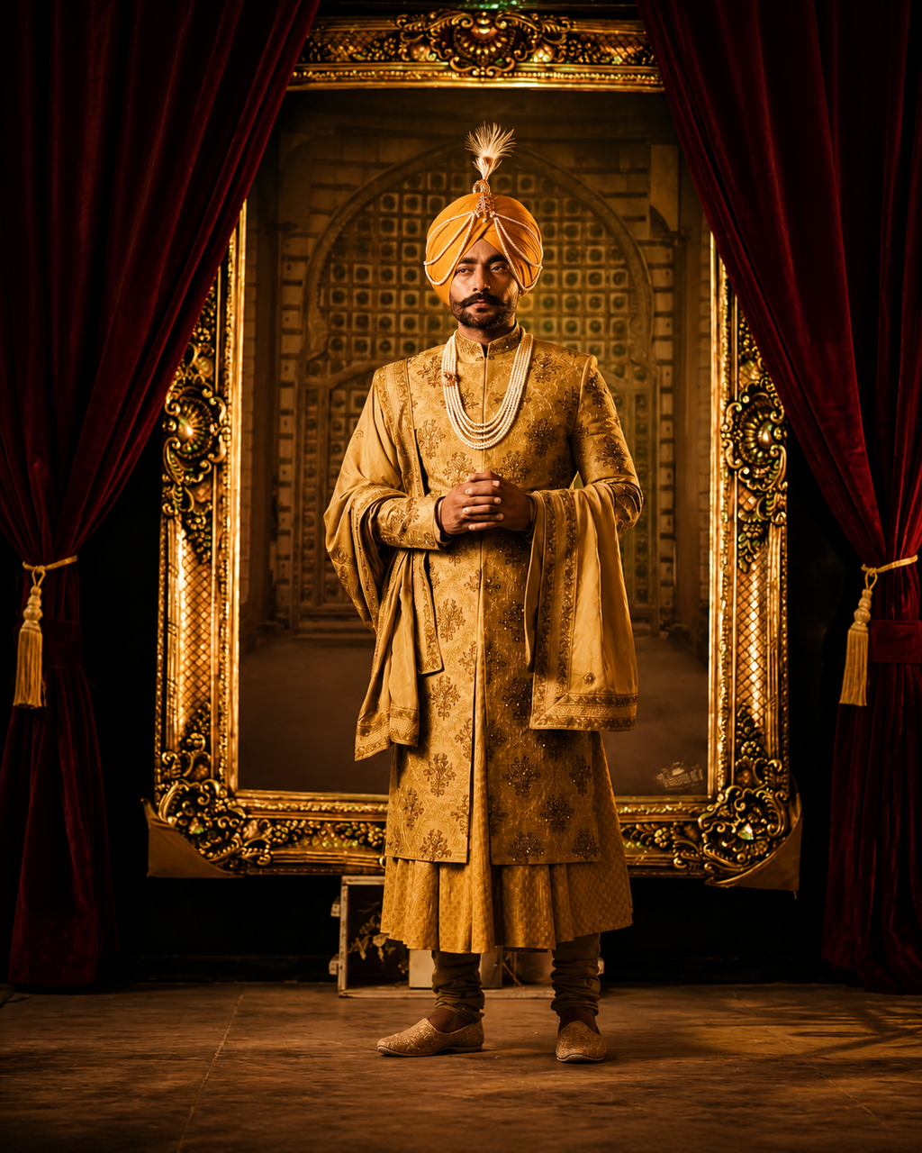 Royal Gold Sherwani Crafted for Timeless Groom Elegance