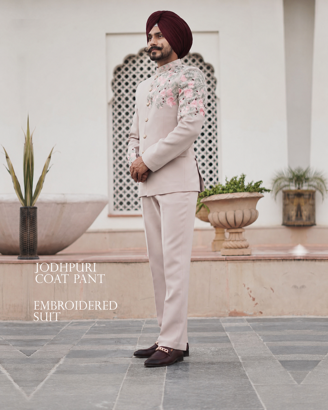 Champagne Beige Embroidered Bandgala