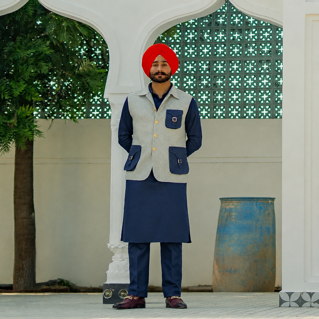 Stone Grey Jacket with Navy Kurta Pajama
